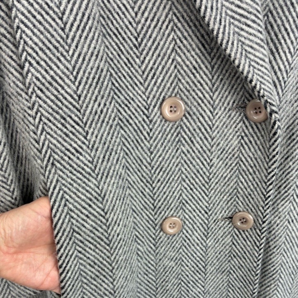 Vintage Union Made Black Cream Herringbone 100percent Wool Long Pea Coat Petite USA image 7