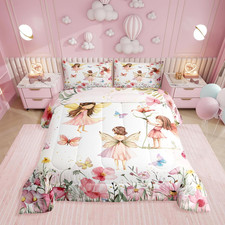 Pink Fairy Garden Bedding Set for Girls - Cute Floral Comforter Pillowcases