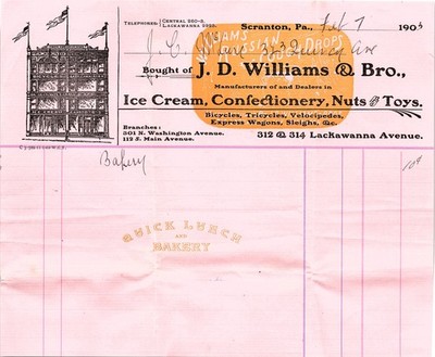 1905 J.D. Williams & Bro. Scranton billhead: confectionery,