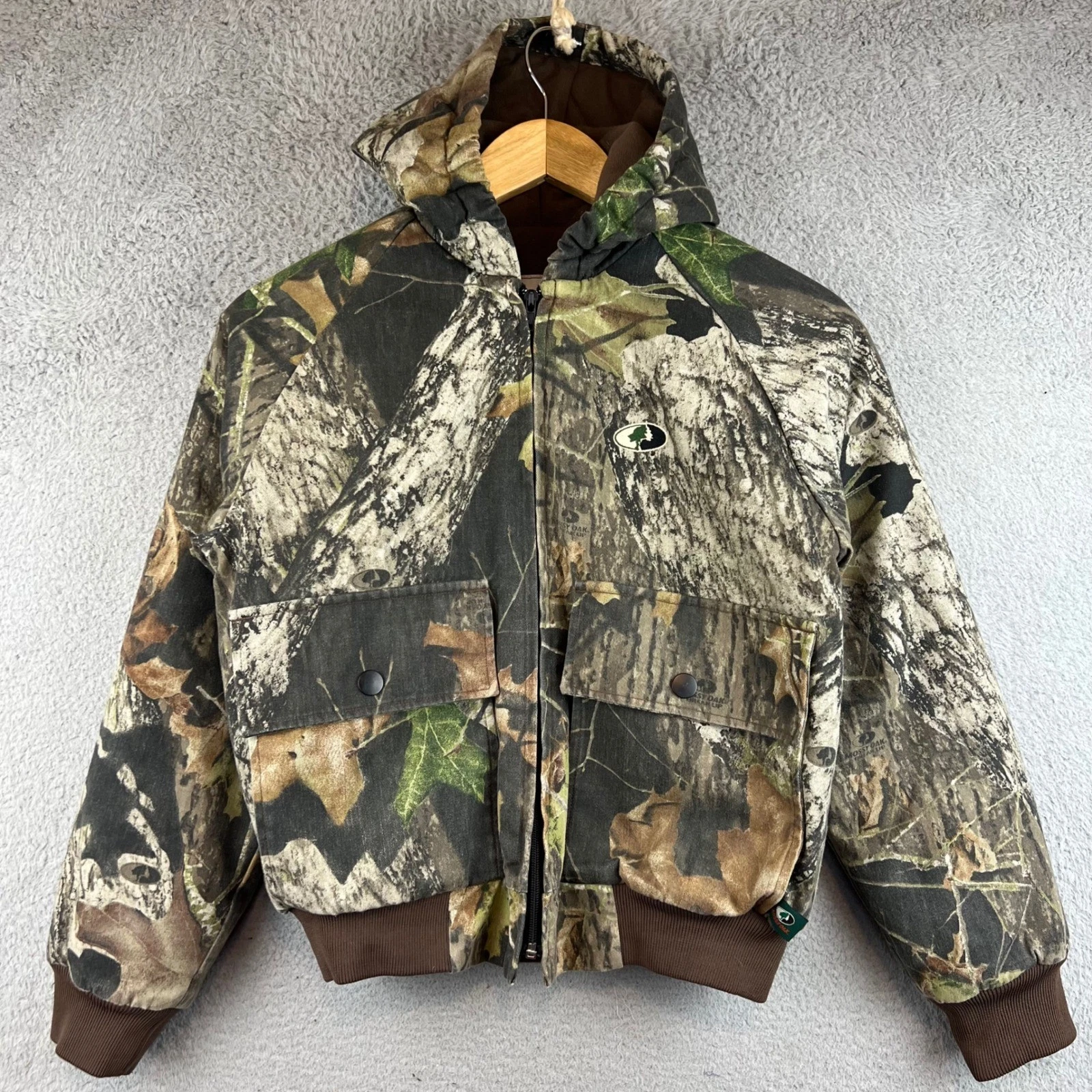 Mossy Oak Kids Camo Hooded Bomber Jacket Break-Up Cotton Canvas M(10/12)