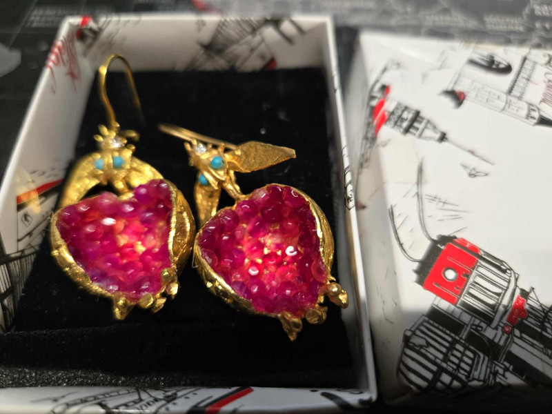 Artisan bee Gold Pomegranate ruby turquoise drop Earrings Istanbul Turkey NIB