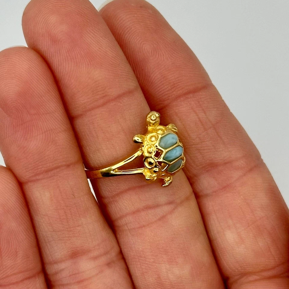 Dainty Larimar 戒指 可爱海龟 18K 纯银 尺寸 7 蓝色宝石 — 第 3/4 张图片