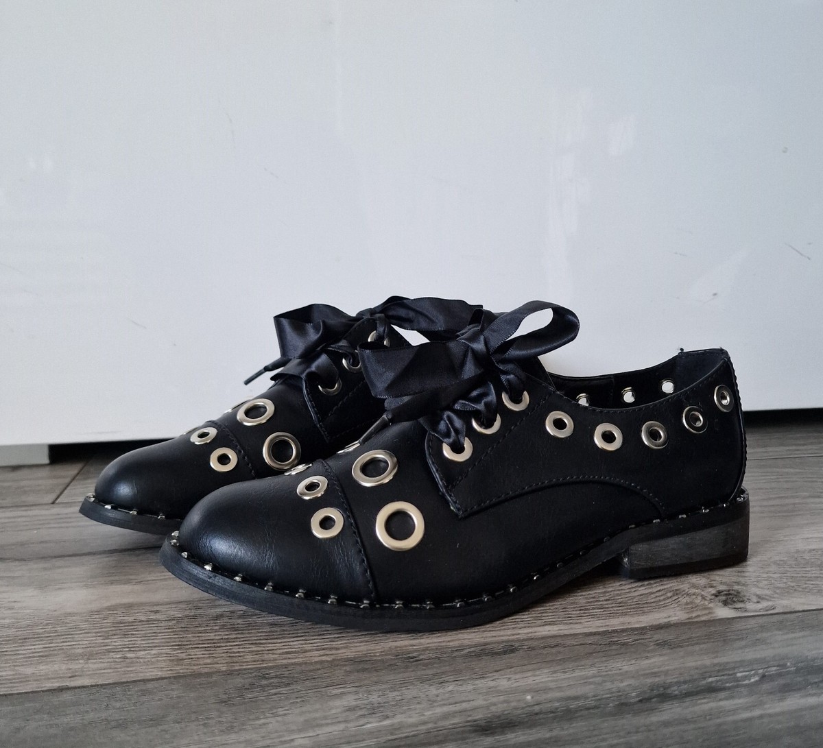 Women's Black Flat Brogues Lace Up Shoes Smart Vintage Oxfords Shoes Size  UK