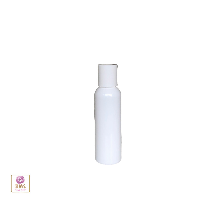 Plastic Bottles PET Cosmo Round Liquid Bottles Disc Top Cap 2oz White (25)9772DW