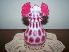 Fenton Cranberry Opalescent Glass Double Ring Ruffled Coin Dot Vase