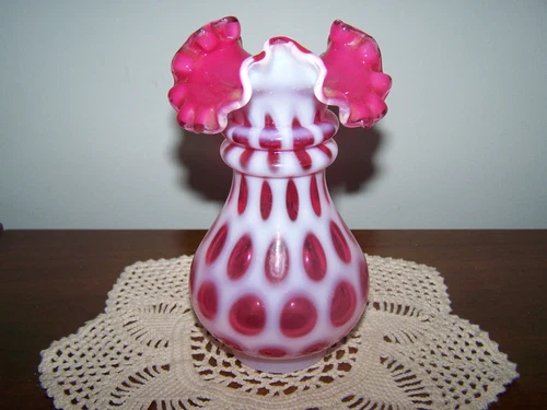 Fenton Cranberry Opalescent Glass Double Ring Ruffled Coin Dot Vase