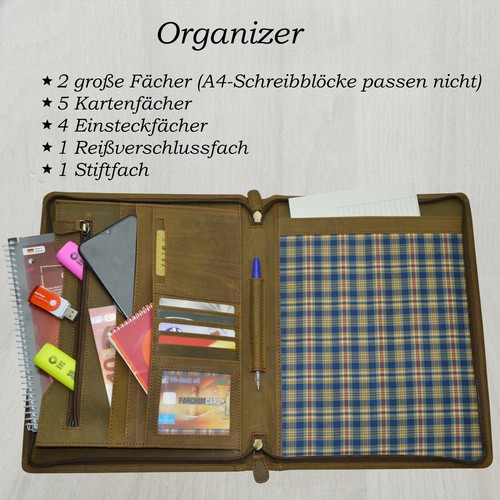Leder Schreibmappe Organizer Arbeitstasche Studium Konferenz Tasche braun - Bild 2 von 4