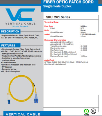 261-SCST/2SM VERTICAL CABLE SC-ST SINGLEMODE, DUPLEX, 9/12 5, 3.0MM DIA
