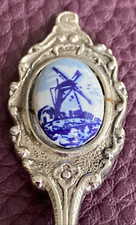 Holland Dutch Hand Painted Windmill Delft Blue Repousse Villagers Silver Spoon
