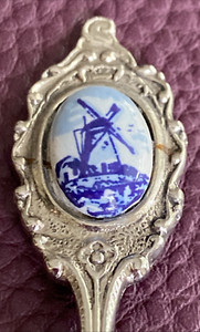 Holland Dutch Hand Painted Windmill Delft Blue Repousse Villagers Silver Spoon