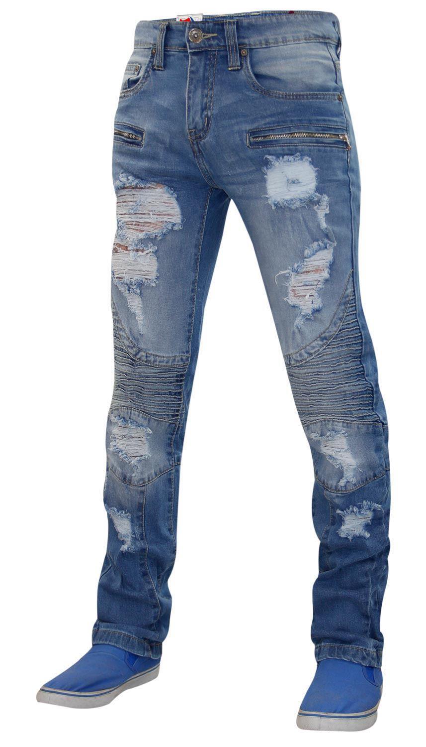 Mens Ripped Skinny Jeans Stretch Slim Fit Zip Fly Denim Cotton Pants