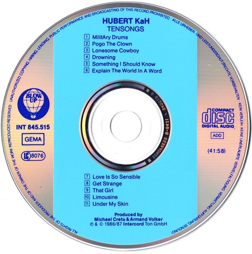 HUBERT KAH - Tensongs (Import CD/1986 Blow Up INT 845.515) 11 Tracks/EX+ - Imagen 3 de 3