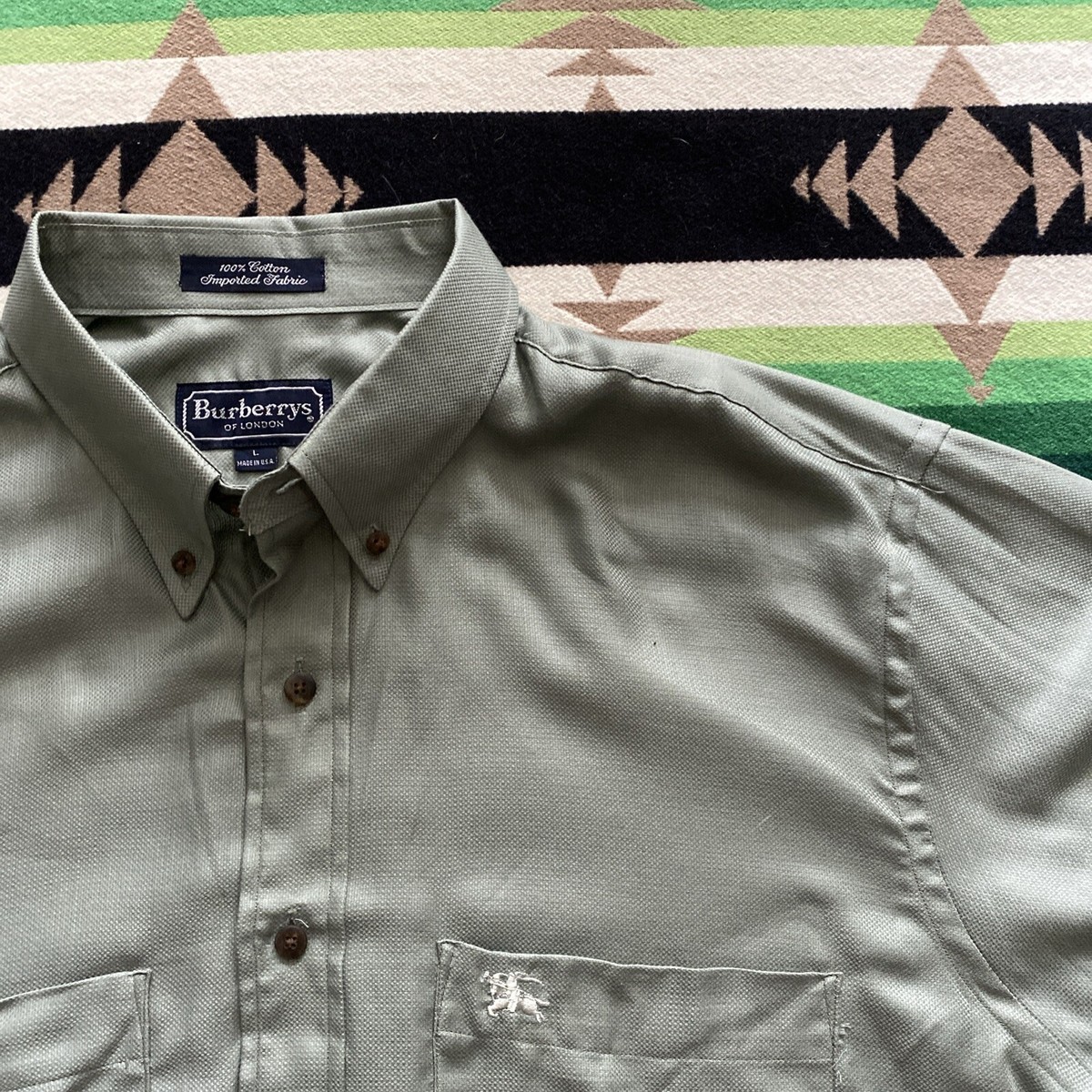 【Burberrys】未使用 90's USA製 ドレスシャツ L アーカイブ Vintage Burberrys Of London Men's L Shirt Army Green Button Up LS