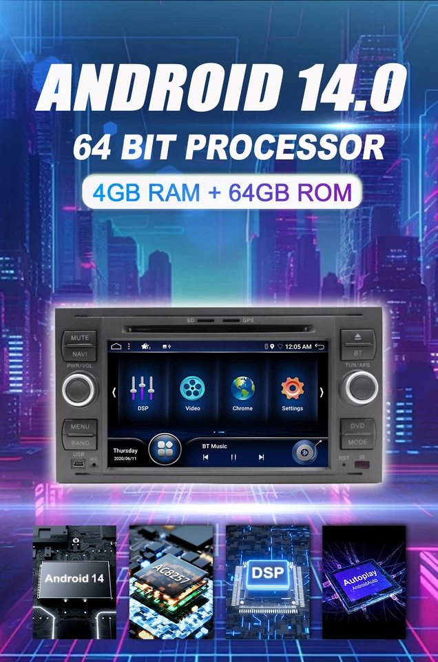 DSP Autoradio Android 14 Für Ford Transit Kuga Fiesta C/S-Ma GPS DVD 4G+64G DAB+ - Bild 3 von 4