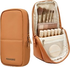 Standing Travel Makeup Brush Bag, Small Brush Holder Cosmetic Bag, Brown