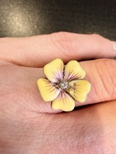 14k Yellow Gold Antique Diamond Art Nouveau Enamel Pansy Flower Ring 