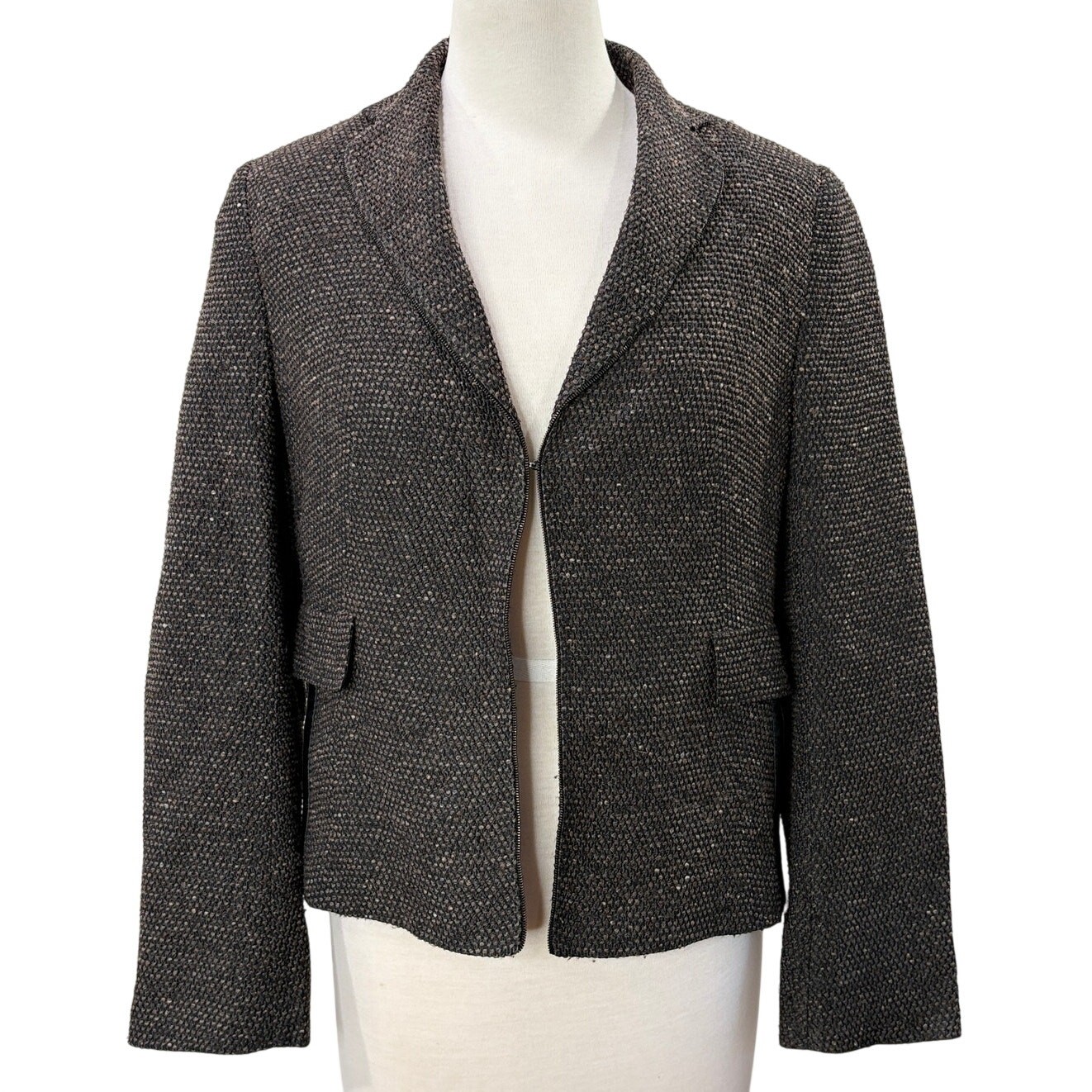 Akris Size 10 Blazer Jacket Wool Silk Blend Zipper Detail Tweed Fall Winter