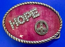 HOPE Peace Symbol Sign with Rhinestone Bling Pink Enameled Vintage Belt Buckle