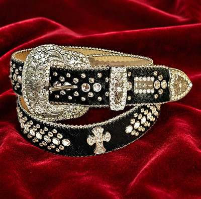 b.b.simon XL Black & Silver Wide Bling Belt Rhinestone Studded Cross Buckle
