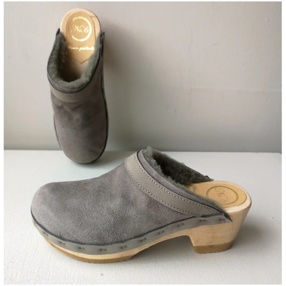 No.6 Dakota Shearling Clog smoke suede cloud gray 42 mid heel