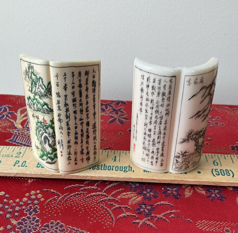 Hand crafted Book-Shaped Bookends, Asian Landscape Calligraphy, Glossy White 2”