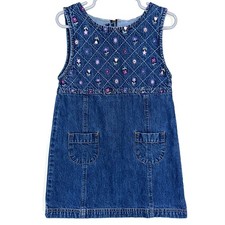 Vintage 90s Standard Blues Embroidered Flower Girls Denim Dress Size 5/6
