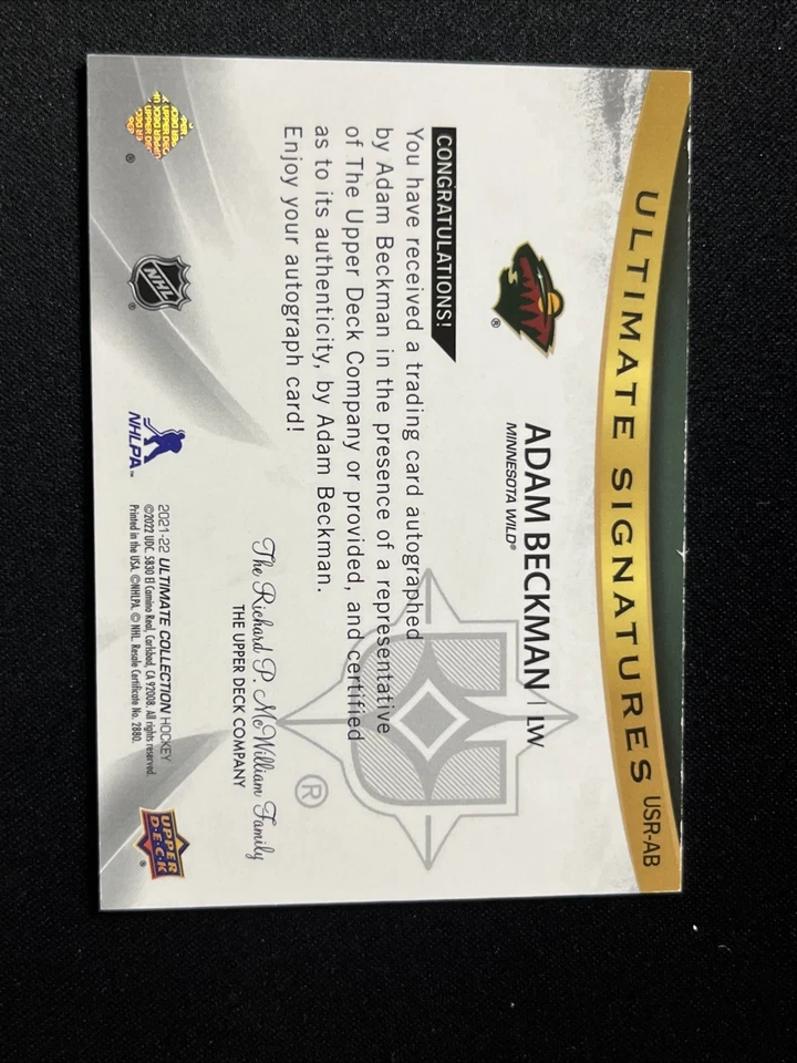 21-22 UD Ultimate Hockey RC Signatures Auto USR-AB Adam Beckman - Image 2 of 2