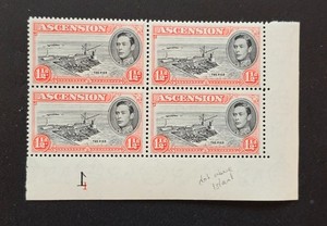Ascension Island 1938 KGVI Stamps Sc 42. SG 40 Corner Block of 4 SHEET #1 MNH
