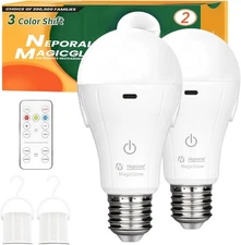 Neporal Rechargeable LED Bulbs 15W – Remote, 3-Color, USB, 2-Pack Emergency