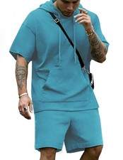 Men's Hoodie Short Sets 2 Piece Short Sleeve Hooded T Shirts and Shorts Fashi...