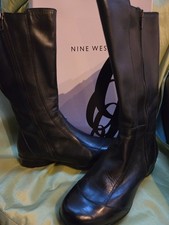 Nine West Black Leather Mid Calf Boots Size 7.5 NIB New Double Dual Zipper