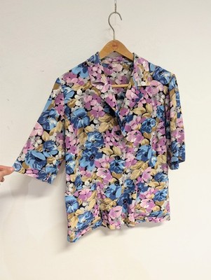 Vintage Hemd Reine Seide Floral Schneiderei Gr. L Floral Silk Shirt Chemise Soie