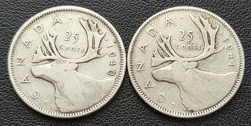 1940 & 1941 Canada Silver 25-Cent Quarters - 80% Silver Coins