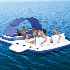 6 Person Inflatable Floating Island Pool Lake Party Canopy Raft Lounge w Cooler