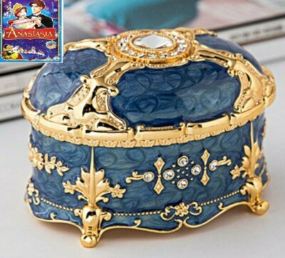 BLUE TIN ALLOY VINTAGE  MUSIC BOX :  ONCE UPON A DECEMBER  ( HAVE VIDEO )