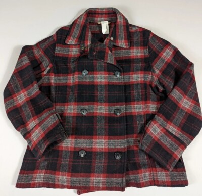 Woolrich Black Red Plaid Coat Jacket Wool Blend Double Breasted