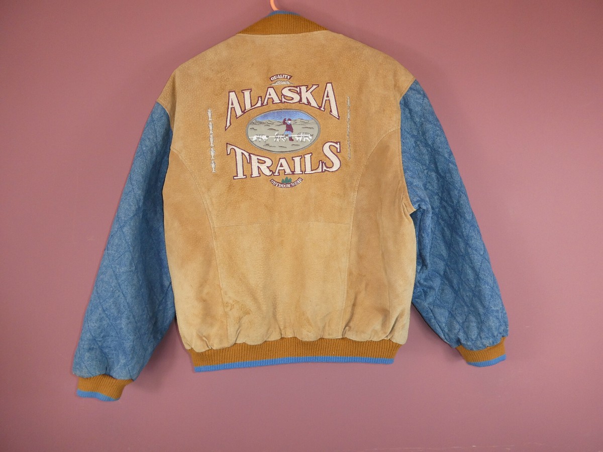 VINTAGE ALASKA TRAILS EMBROIDERED LEATHER & COTTON BOMBER ZIP 