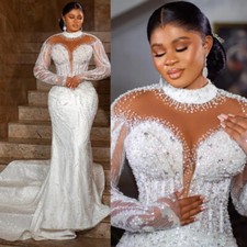 Luxury Plus Size Mermaid Wedding Dresses High Neck Long Sleeves Beaded Appliques