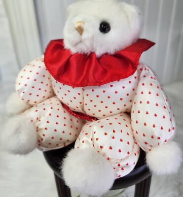VINTAGE RUSS BEANY White TEDDY BEAR  RED HEART  Dress Plush  RARE HTF !