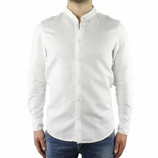 Camicia Uomo Collo Coreana Lino Slim Fit Manica Lunga Estiva Sartoriale Bianco