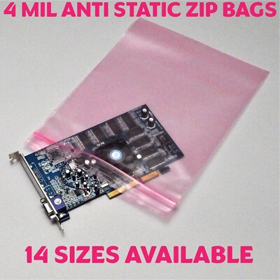 2x,3,5,6,8,9,12'' Anti Static Bag Pink Poly Zip Seal 4Mil Reclosable Lock Top