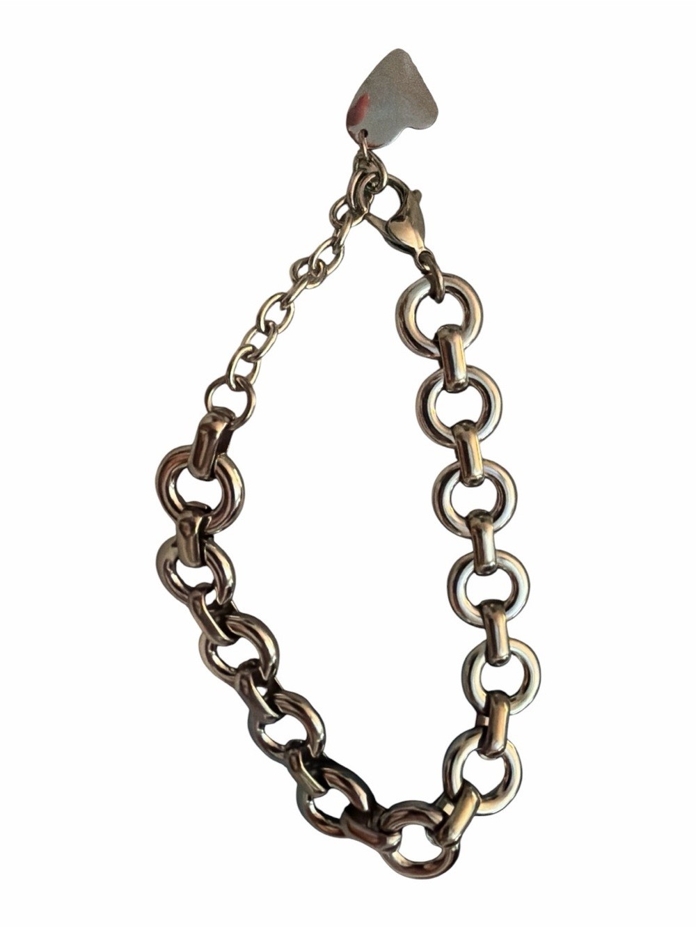 Chunky Silver Tone Link Chain Bracelet Heart Charm