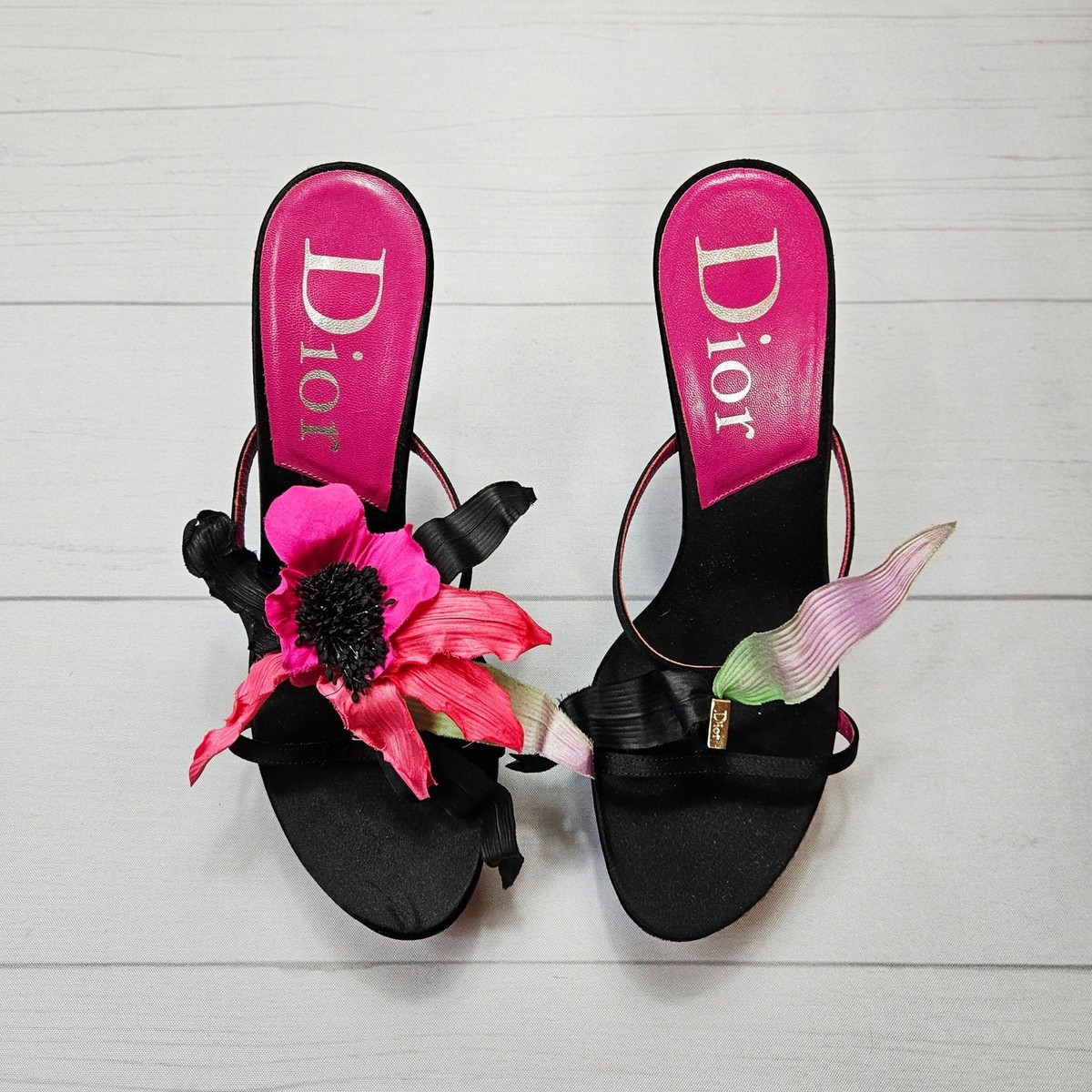 Y2k Dior Heels Hawaii Glamour Mules Black Satin Flower Detail Rare
