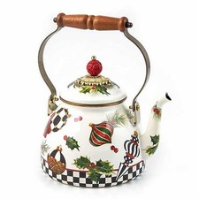 MACKENZIE-CHILDS Deck the Halls 2 Quart Tea Kettle Christmas Kitchen White NEW