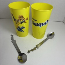 VTG LE Pair Of Nestlé Nesquik Yellow Tumblers W/2 Stainless Steel Stir Spoons