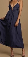 Lulus Confidence Check Navy Blue Satin Tie-Back Maxi Dress Sz XL EUC