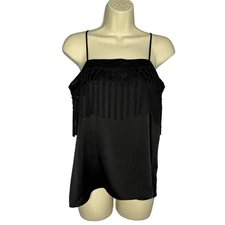 CAMI NYC Blain Fringed Silk Sleeveless Top Black Square Neck Minimalist S 