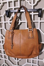 Fossil Pebbled Leather 3 Pocket Shoulder Bag Purse Cognac Brown Handbag 75082