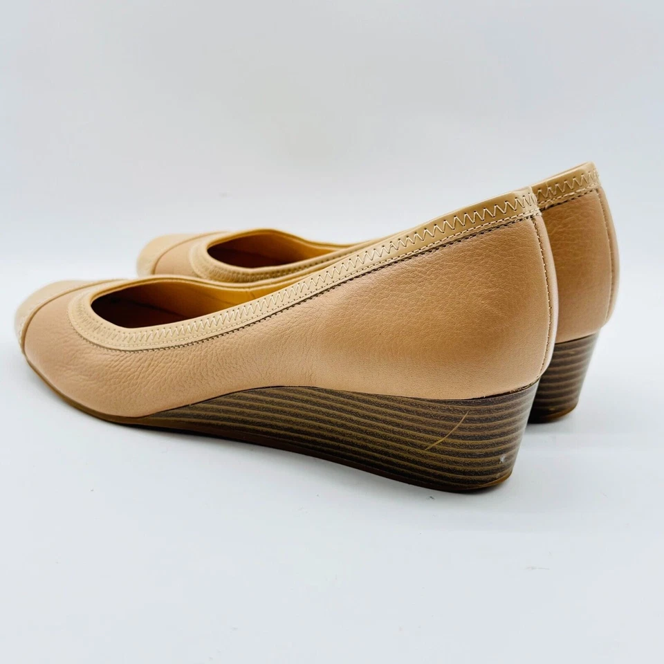 Sapatos femininos Cole Haan 7 marrom couro marrom bronzeado biqueira anabela sapatos de salto casuais - Imagem 3 de 4