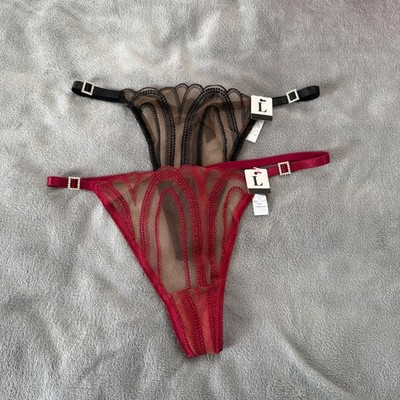 2 Pack Ladies Sexy Mesh Lace Thongs with Rhinestone Buckles, Low Waist G-Strings